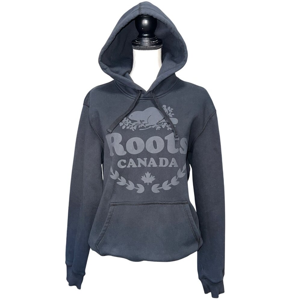 Roots Mens Hoodie Pullover Hooded Sweatshirt S/P Black Logo Kangaroo Pocket